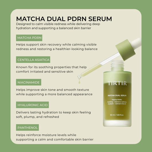 Olivine Beauty matcha dual serum key ingredients matcha PDRN centella asiatica niacinamide