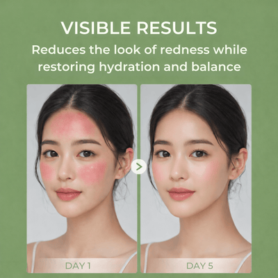 Olivine Beauty serum before and after showing reduced redness and improved skin balance