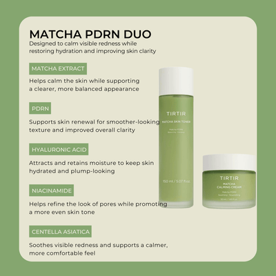 Olivine Beauty matcha PDRN skincare with key ingredients for calming redness and supporting hydration