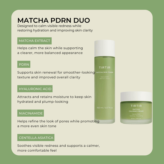 Olivine Beauty matcha PDRN skincare with key ingredients for calming redness and supporting hydration