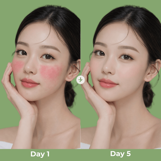 Olivine Beauty matcha skincare showing visible redness on day 1 and clearer skin appearance on day 5