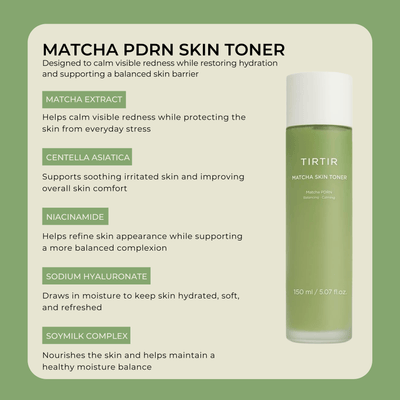 Key ingredients of olivine beauty matcha PDRN skin toner for calming and hydration