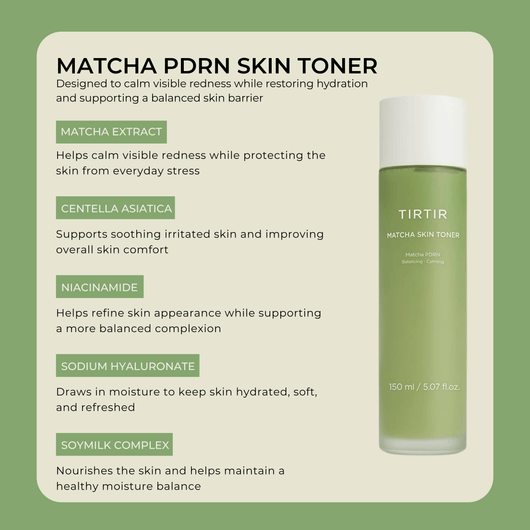 Key ingredients of olivine beauty matcha PDRN skin toner for calming and hydration