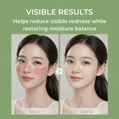 Olivine Beauty matcha PDRN skincare showing reduced visible redness and improved skin hydration from day 1 to day 5