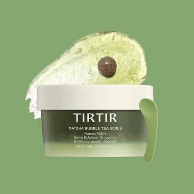 Matcha scrub texture with exfoliating pearls and gel base for gentle exfoliation