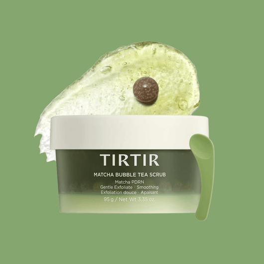Matcha scrub texture with exfoliating pearls and gel base for gentle exfoliation