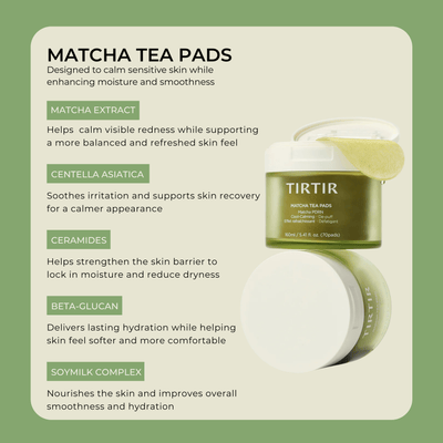Olivine Beauty matcha tea pads key ingredients including matcha extract centella asiatica ceramides beta glucan and soymilk complex for calming and hydrating skin