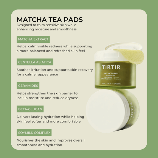 Olivine Beauty matcha tea pads key ingredients including matcha extract centella asiatica ceramides beta glucan and soymilk complex for calming and hydrating skin