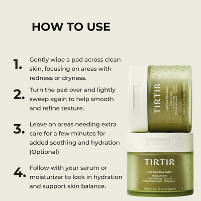 Olivine Beauty matcha toner pads how to use steps showing how to gently wipe soothe and hydrate sensitive skin
