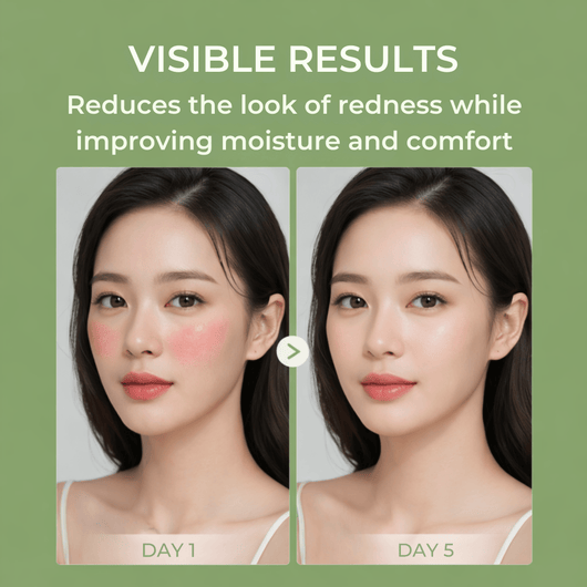 Before and after showing reduced redness using olivine beauty matcha skin toner