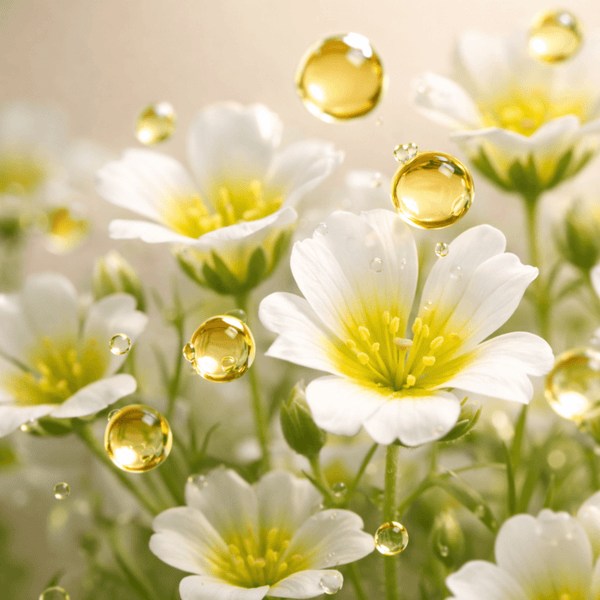 Olivine Beauty meadowfoam seed oil ingredient with golden oil droplets for gentle cleansing balm