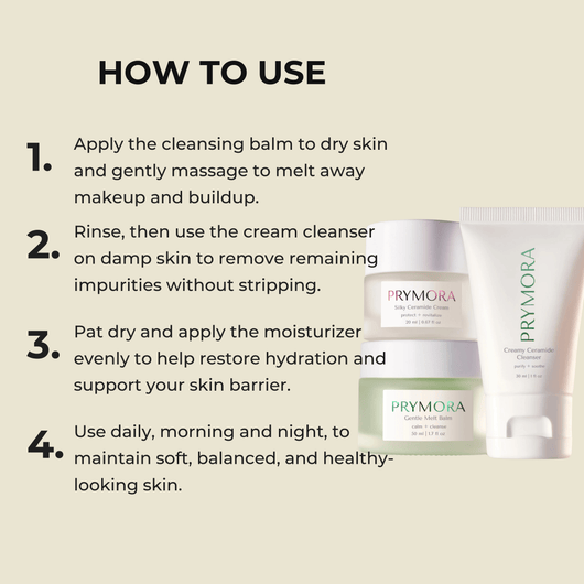 Step by step skincare routine using mini trio cleanser and moisturizer