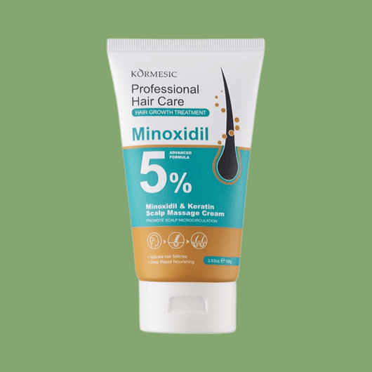 KÖRMESIC Professional Hair Care Minoxidil 5% scalp massage cream product bottle on sage green background.