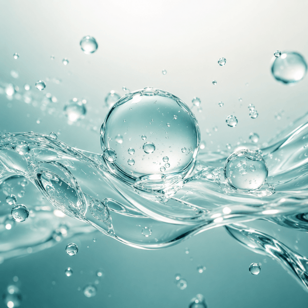 Transparent liquid droplets and flowing serum textures representing lightweight scalp support and fuller-looking hair care.
