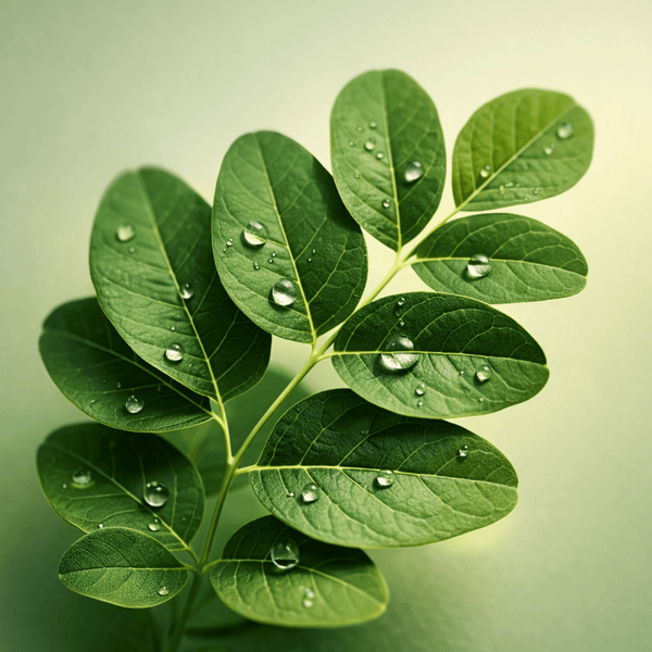 Moringa extract leaves with water droplets for oil balance and clearer-looking skin