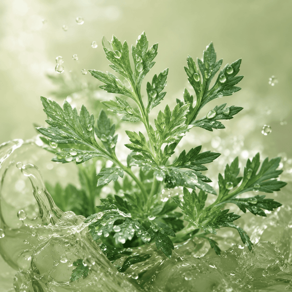 Fresh mugwort leaves with dewy botanical textures and calming skincare aesthetic