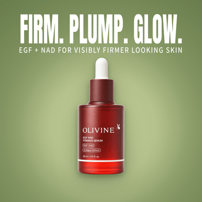 NAD+ EGF Firming Serum bottle on green, firm plump glow