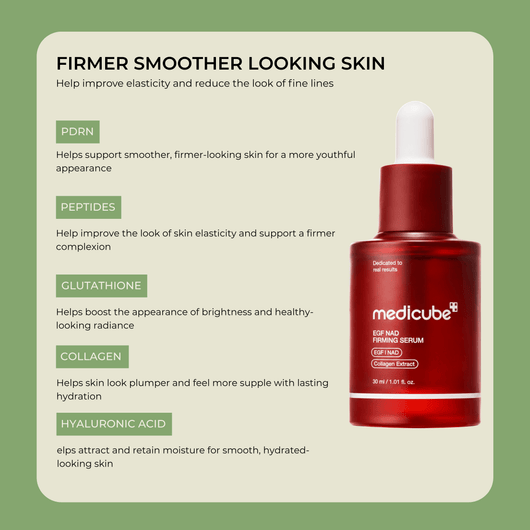 Key ingredients in NAD EGF Firming Serum including PDRN, peptides, glutathione, collagen, and hyaluronic acid.
