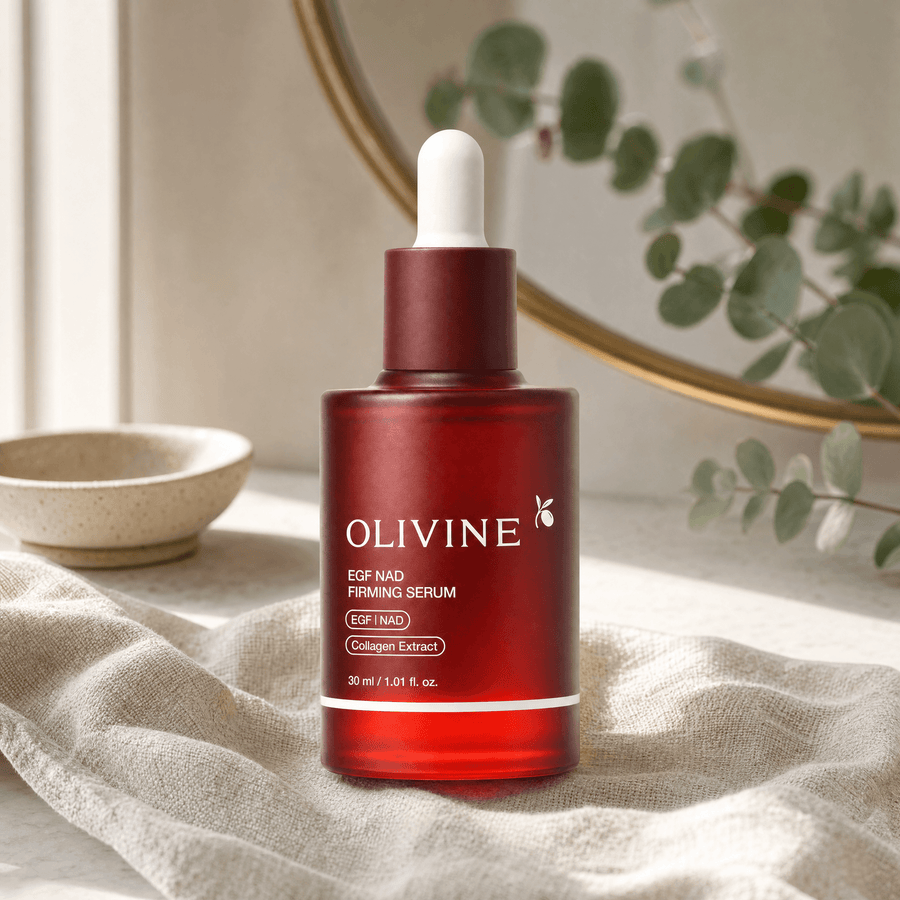 NAD+ EGF Firming Serum bottle on a bathroom vanity