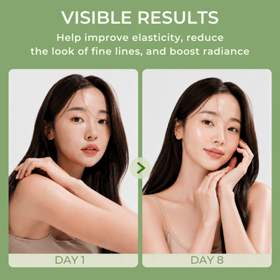 Day 1 and Day 8 comparison showing smoother firmer-looking skin.