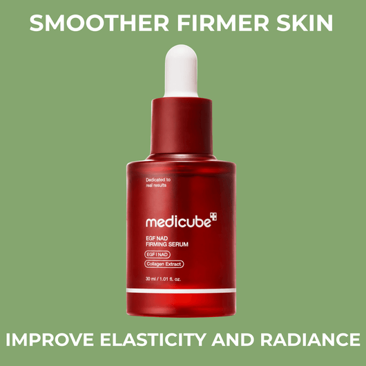 Red NAD and EGF firming serum bottle for smoother firmer-looking skin.