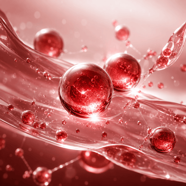 Luxury NAD ingredient visualization with glowing red serum droplets and hydration textures.