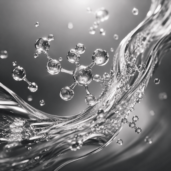 Translucent molecular liquid droplets flowing through glossy silver serum textures representing Nanoxidil 5% hair density support.