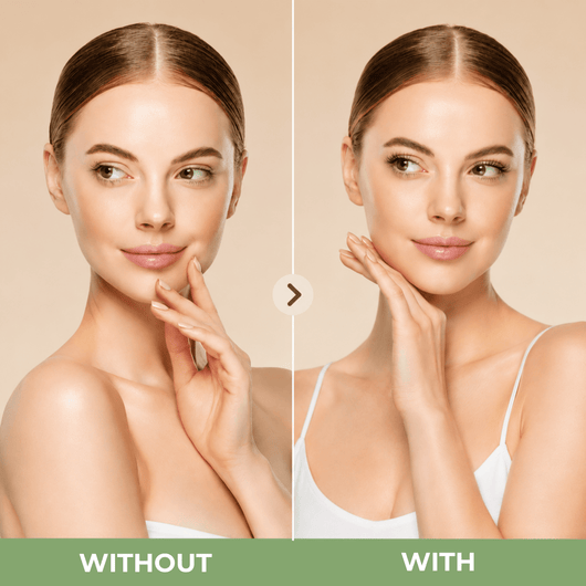 Side by side comparison showing without lashes and with wispy Maxcomfi lash clusters