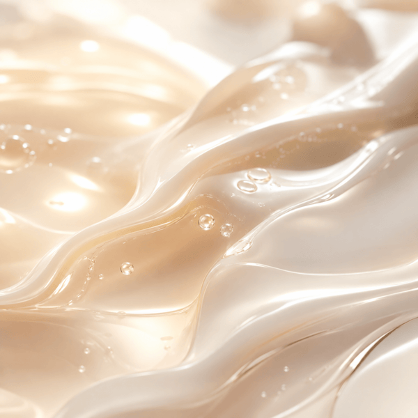 Luminous creamy liquid textures representing niacinamide for brighter-looking balanced skin by Olivine Beauty.