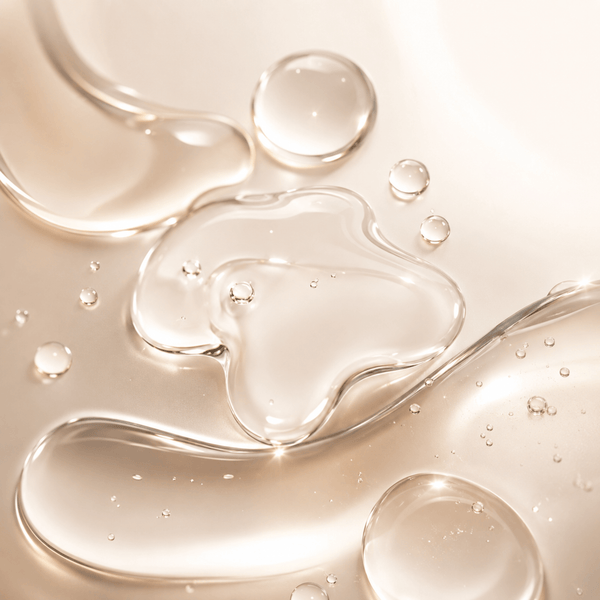 Glossy luminous liquid textures representing skin radiance and smooth balanced complexion