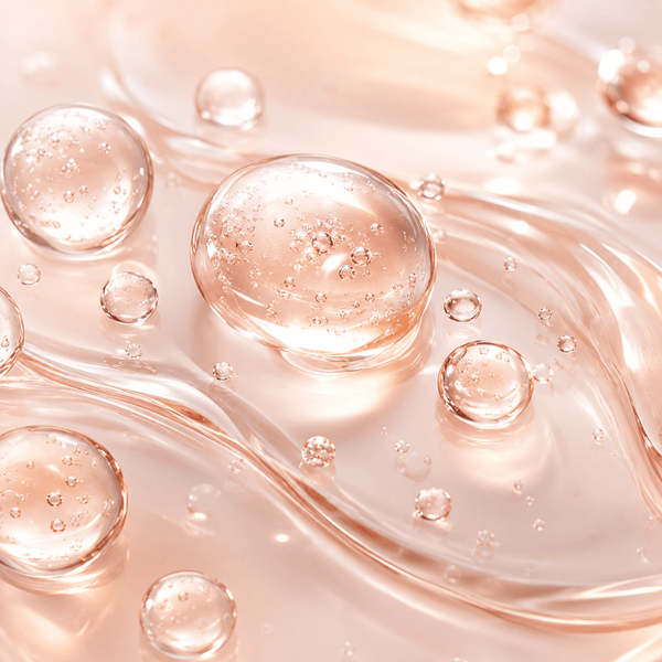 Translucent niacinamide serum droplets with luminous brightening and radiant skin texture effects