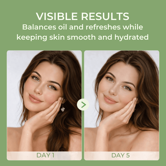 Before and after showing oily skin improved to balanced smooth hydrated skin
