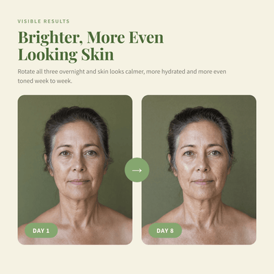 Day 1 and day 8 skin on a second woman using the Olivine Beauty Overnight Glow Jelly Mask