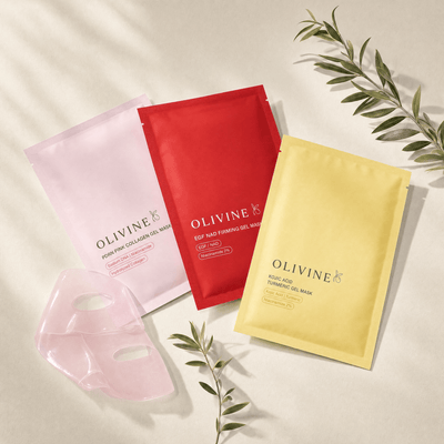 Olivine Beauty Overnight Glow Jelly Mask trio flat lay with olive branches