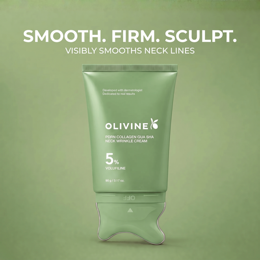 Olivine Beauty PDRN Collagen Gua Sha Neck Wrinkle Cream in the new green design with the built in gua sha applicator