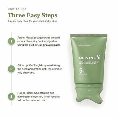 How to use the green Olivine Beauty PDRN Collagen Gua Sha Neck Wrinkle Cream in three easy steps with the built in applicator