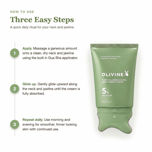 How to use the green Olivine Beauty PDRN Collagen Gua Sha Neck Wrinkle Cream in three easy steps with the built in applicator
