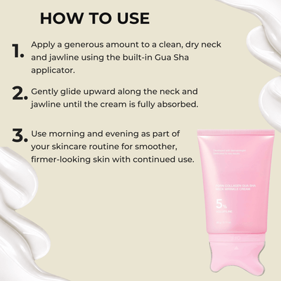 How to use Olivine Beauty PDRN Collagen Gua Sha Neck Wrinkle Cream with the built-in Gua Sha applicator for daily neck and jawline care.