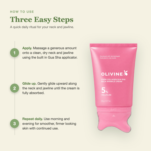 How to use the Olivine Beauty PDRN Collagen Gua Sha Neck Wrinkle Cream in three easy steps with the built in applicator