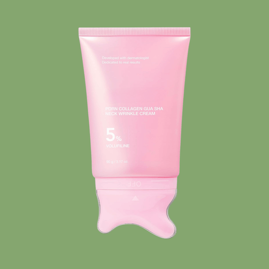 Front view of Olivine Beauty PDRN Collagen Gua Sha Neck Wrinkle Cream featuring a built-in Gua Sha massage applicator and 5% Volufiline formula.