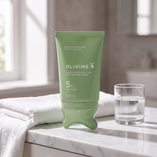 Green Olivine Beauty PDRN Collagen Gua Sha Neck Wrinkle Cream on a marble bathroom vanity