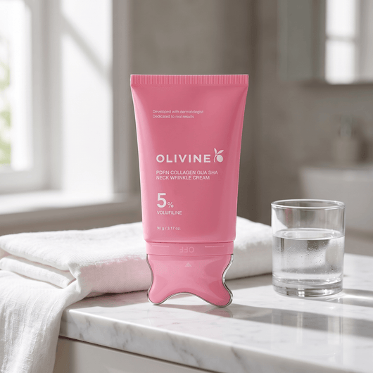 Olivine Beauty PDRN Collagen Gua Sha Neck Wrinkle Cream on a marble bathroom vanity