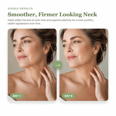 Day 1 to Day 8 showing a smoother, firmer looking neck and jawline with the Olivine Beauty PDRN Collagen Gua Sha Neck Wrinkle Cream in the new green design