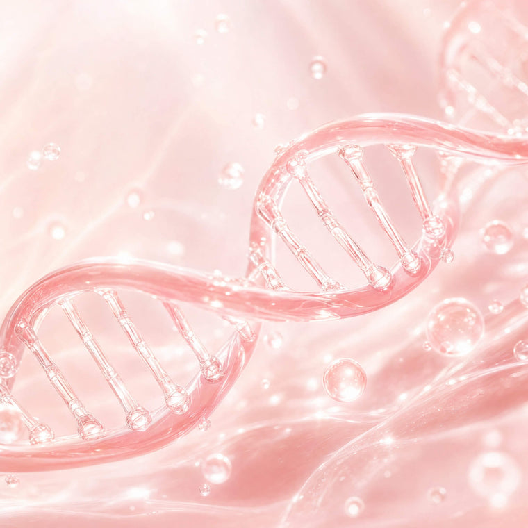 PDRN skin-renewal key ingredient shown as a pink DNA double helix in serum — Olivine Beauty