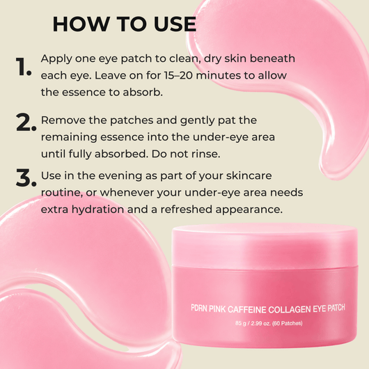 Step-by-step guide showing how to apply Olivine Beauty PDRN Pink Caffeine Collagen Eye Patch for overnight under-eye hydration and care.