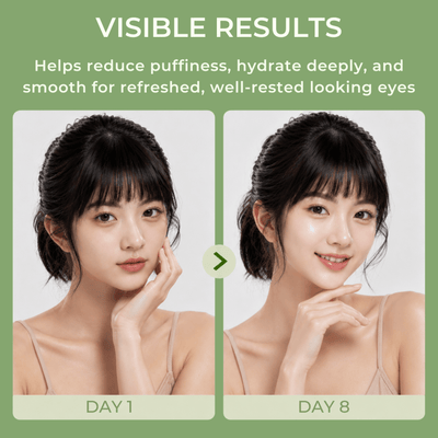 Visible Day 1 to Day 8 comparison showing brighter, smoother, and refreshed-looking under eyes with Olivine Beauty PDRN Pink Caffeine Collagen Eye Patch.