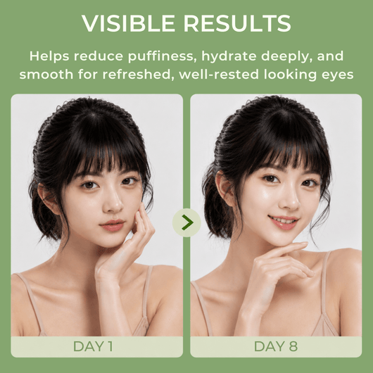 Visible Day 1 to Day 8 comparison showing brighter, smoother, and refreshed-looking under eyes with Olivine Beauty PDRN Pink Caffeine Collagen Eye Patch.