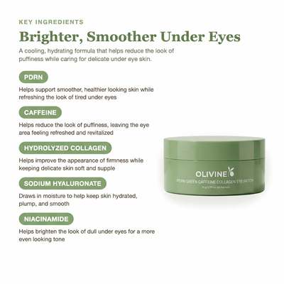 Key ingredients in the Olivine Beauty PDRN Green Caffeine Collagen Eye Patch including PDRN, Caffeine, Hydrolyzed Collagen, Sodium Hyaluronate and Niacinamide
