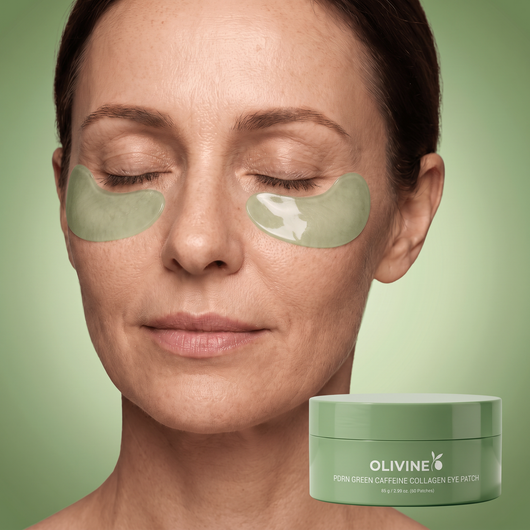 Woman relaxing with green Olivine Beauty PDRN Green Caffeine Collagen Eye Patches on under both eyes