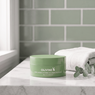 Olivine Beauty PDRN Green Caffeine Collagen Eye Patch jar on a marble bathroom shelf